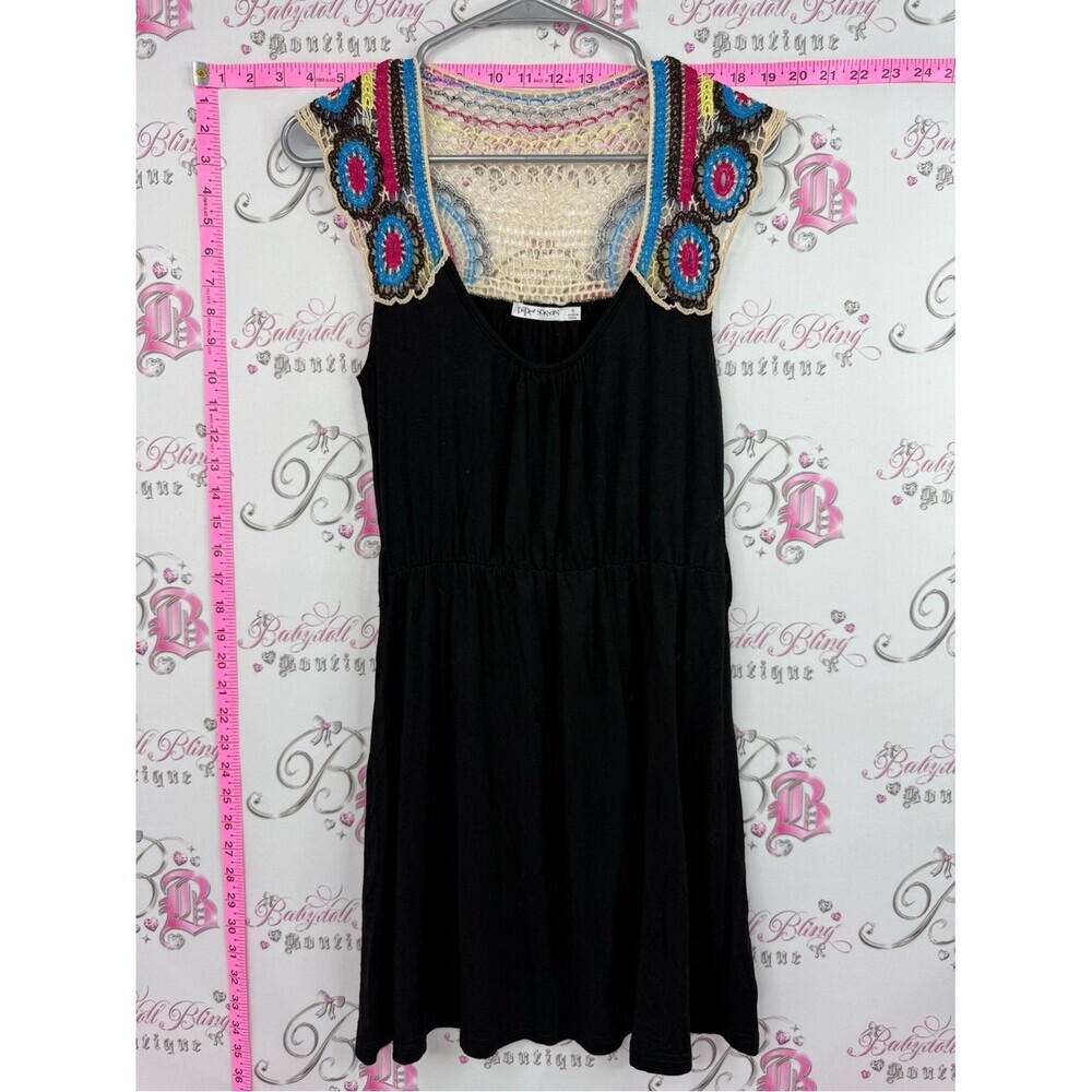 Paper scissors dress floral knit Black Dress with Colorful Crochet Yoke